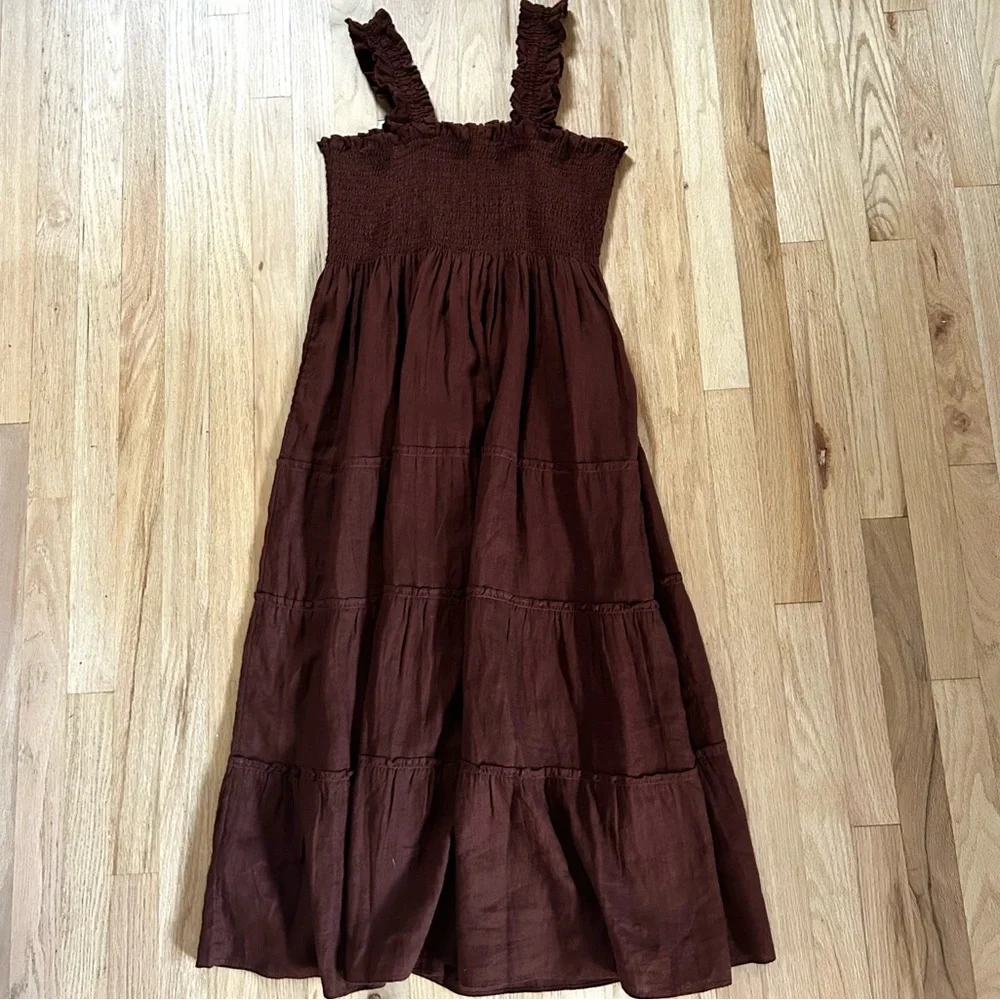 QUINCE european linen smocked midi dress chocolate brown nap dress size XL - Picture 15 of 15